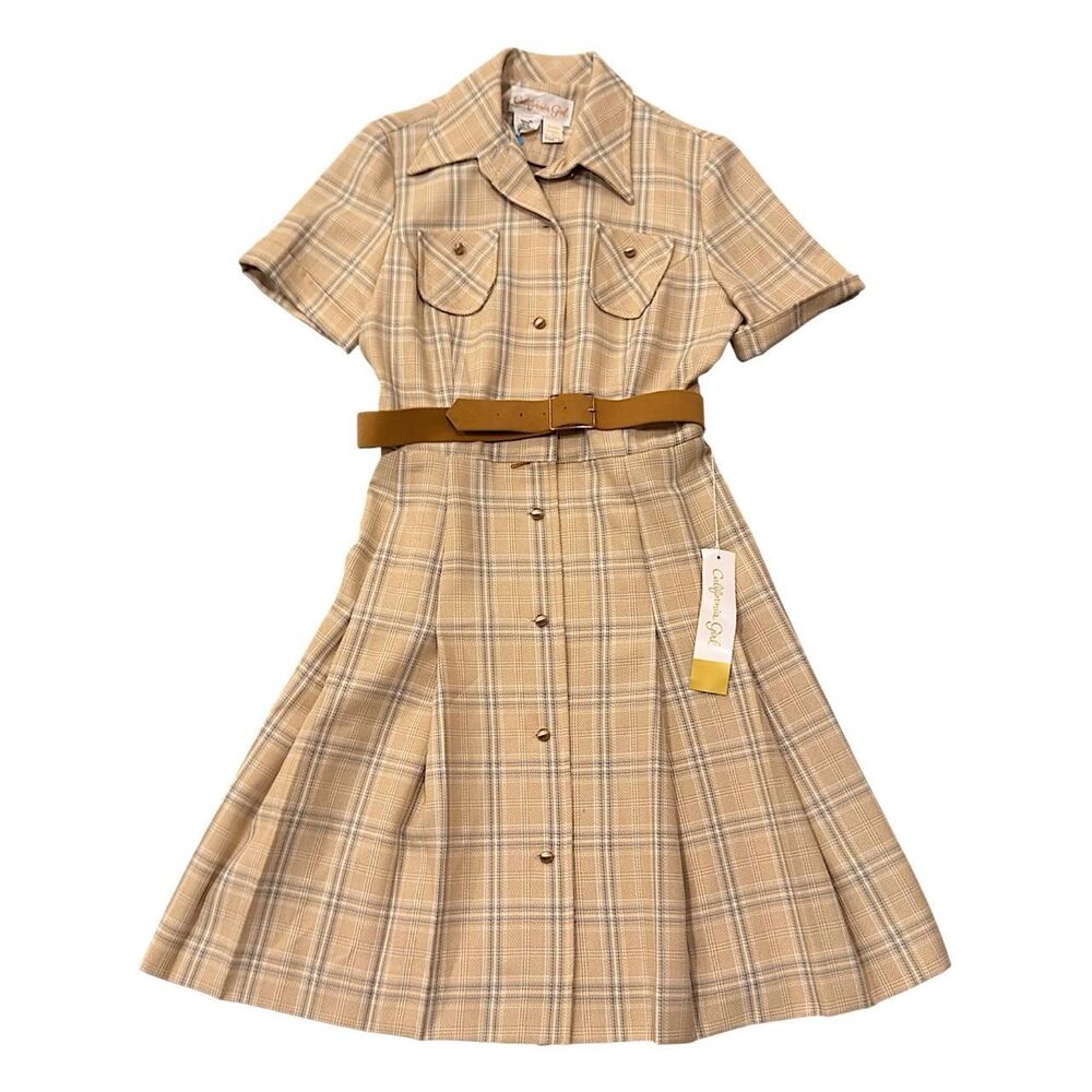 Vintage California Girl tan and beige plaid dress with belt, size 16 fits like M